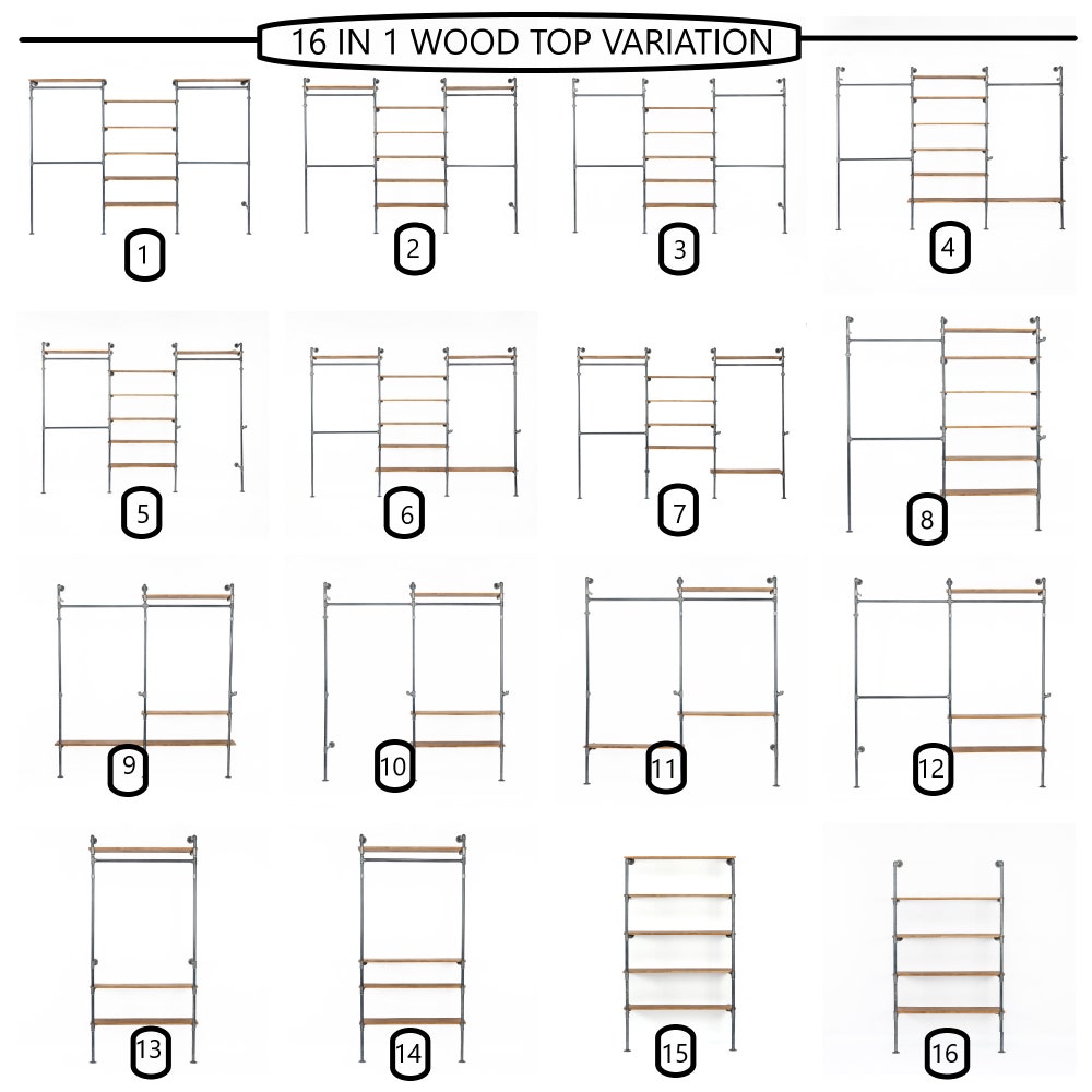 Industrial Wall Mounted Clothing Rack With Multiple Garment Bars And Floating Wood Shelves