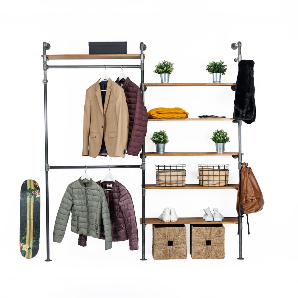 Industrial Wall Mounted Garment Rack With Shelves And Pipe Frame For Retail Or Home Use