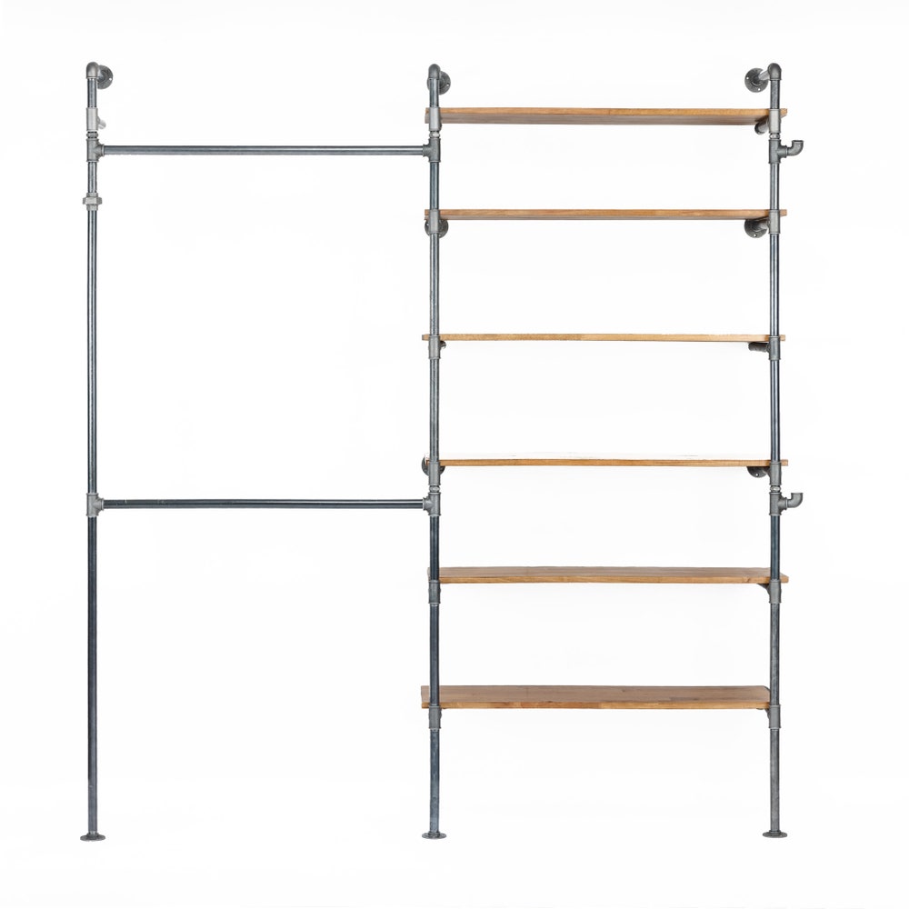Industrial Wall Mounted Garment Rack With Shelves And Pipe Frame For Retail Or Home Use