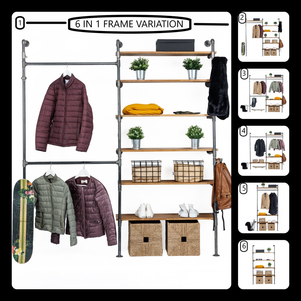 Industrial Wall Mounted Garment Rack With Shelves And Pipe Frame For Retail Or Home Use