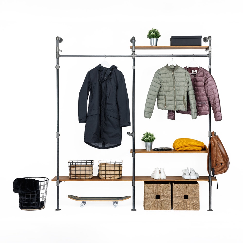 Industrial Wall Mounted Clothing Rack With Shelves And Pipe Frame For Retail Or Home Display