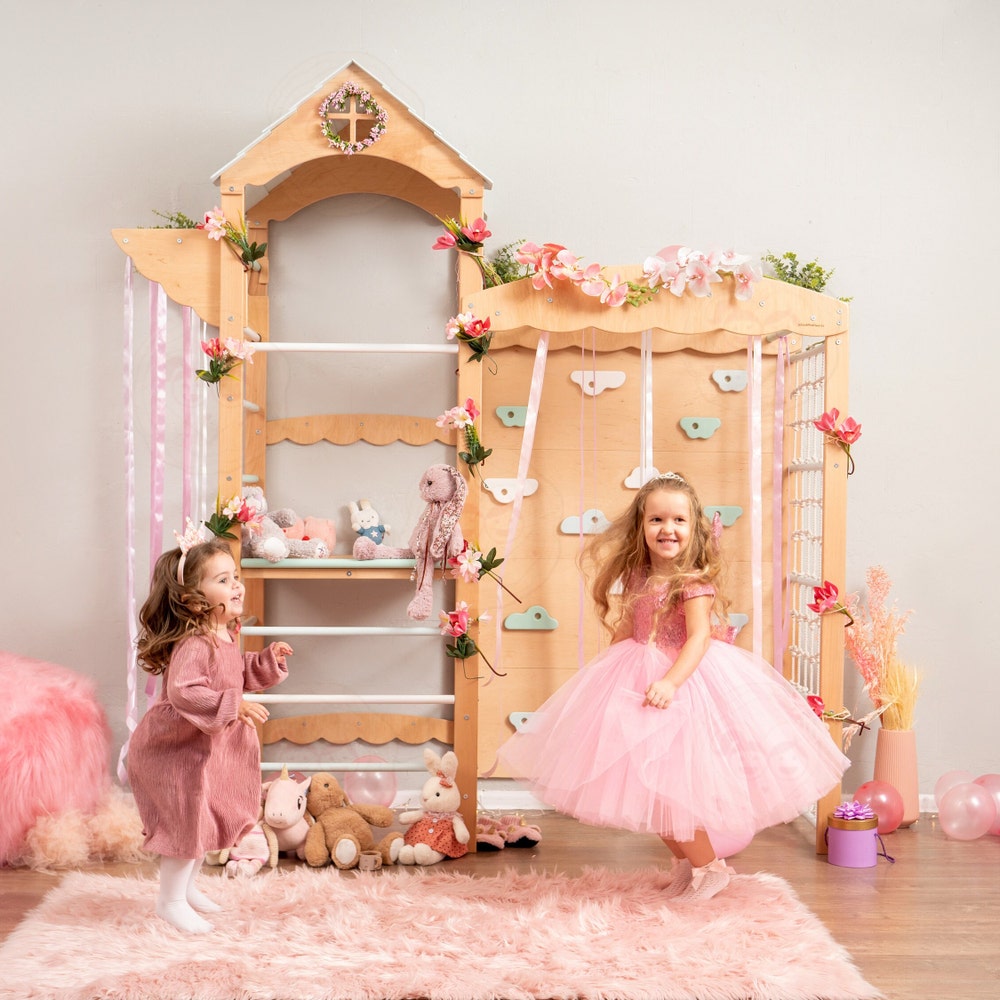 88x70" Wooden Indoor Playground for Girls, Montessori Play Gym with Slide & Play Mats, Kids Furniture Home Gym