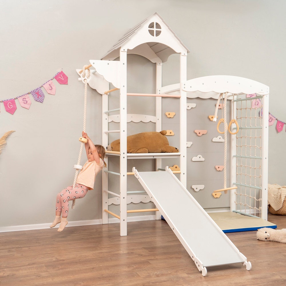 88x70" Wooden Indoor Playground for Girls, Montessori Play Gym with Slide & Play Mats, Kids Furniture Home Gym