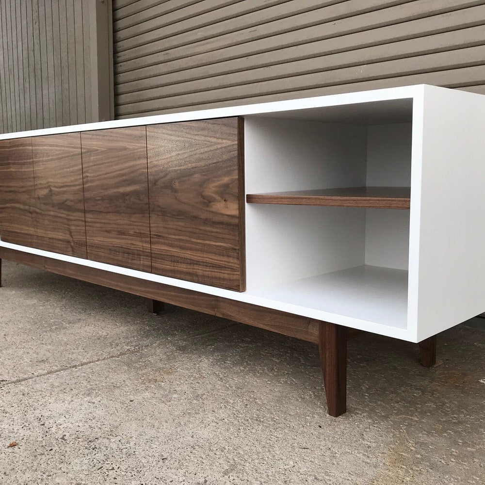 8' Mid Century Style TV Cabinet / Buffet / Liquor Cabinet / Credenza -  White & Walnut with straight leg base ~ FREE SHIPPING!