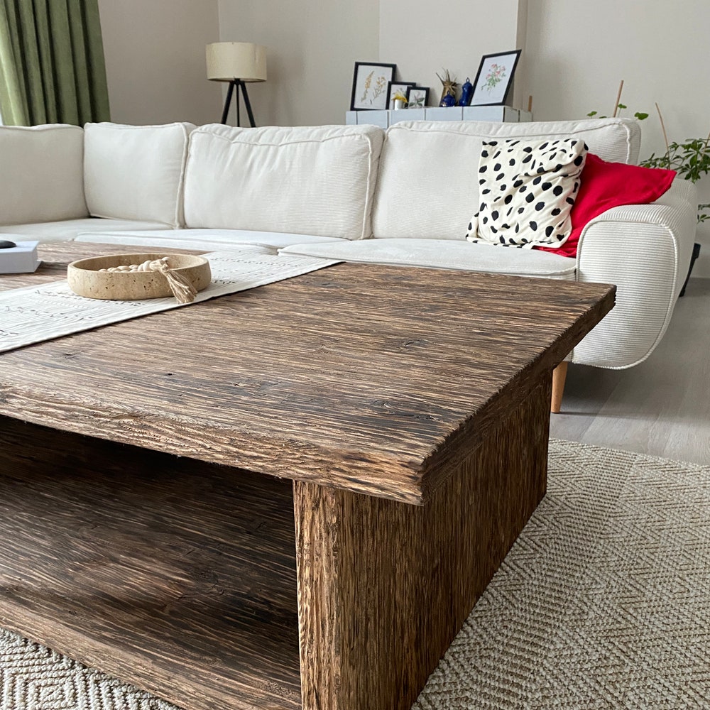 Rustic Wood Coffee Table,Large Coffee Table Reclaimed Wood, Unique Mid Century Top Live Edge Solid Rectangular Custom Farmhouse Wooden Table