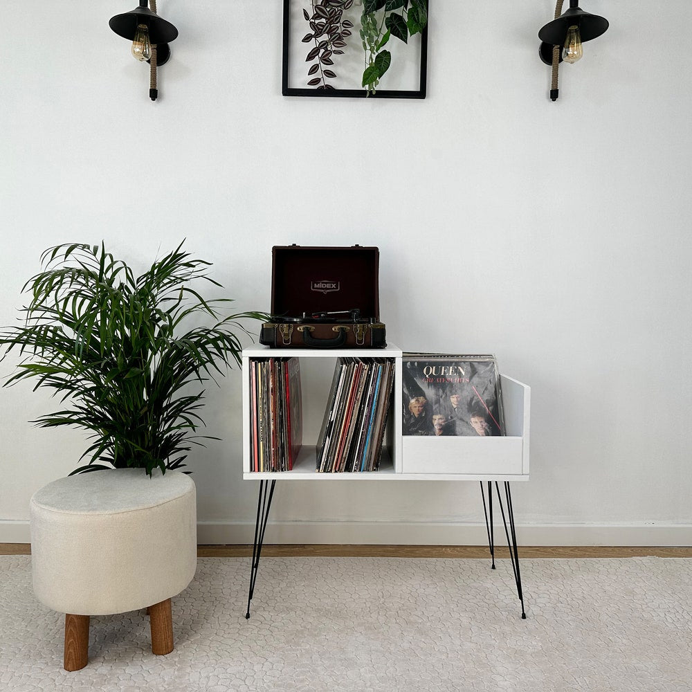 White Record Player Stand, Vinyl Console, Record Player Table, Record Cabinet, Vinyl record display