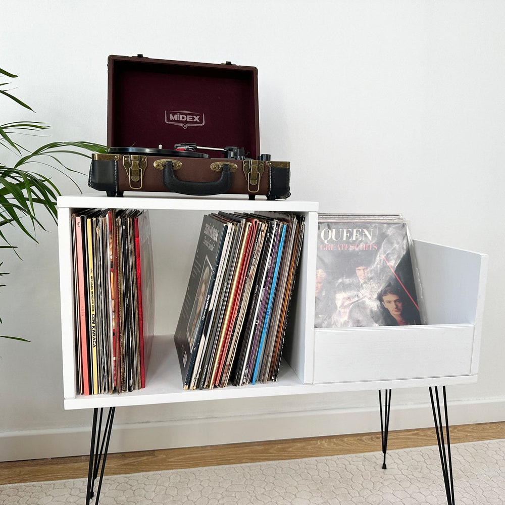 White Record Player Stand, Vinyl Console, Record Player Table, Record Cabinet, Vinyl record display