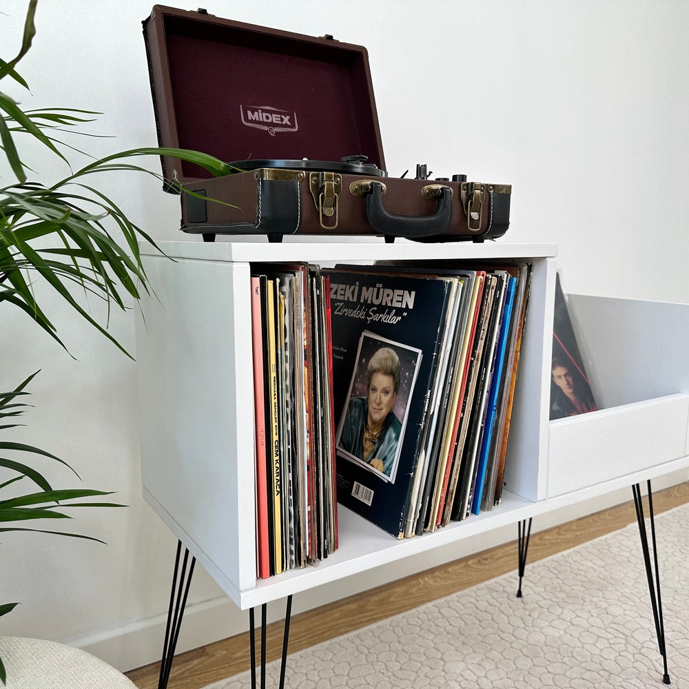 White Record Player Stand, Vinyl Console, Record Player Table, Record Cabinet, Vinyl record display