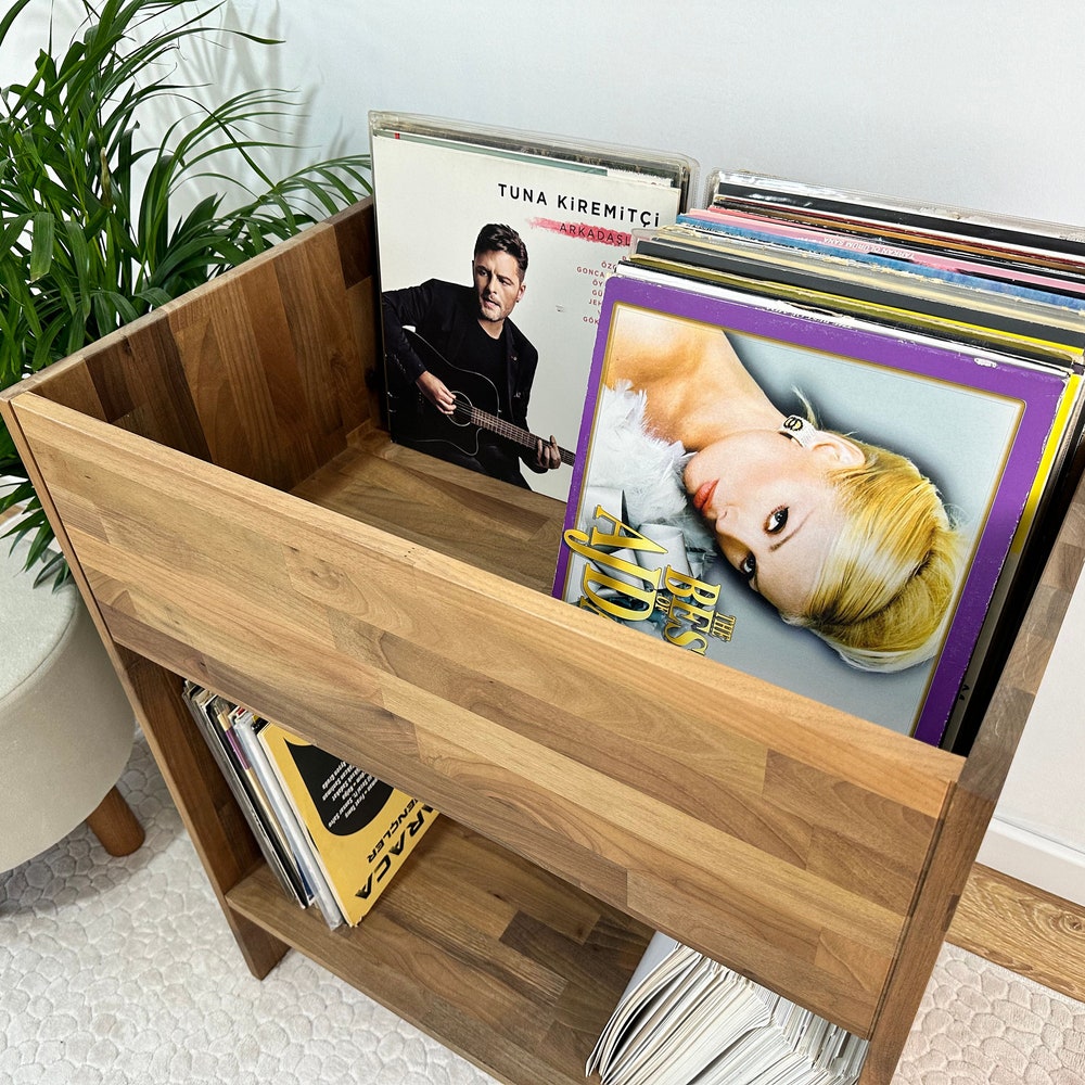 Walnut Vinyl Console, Vinyl end table, Vinyl Shelf, Large Vinyl storage