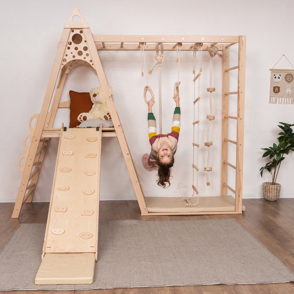 78x90" Montessori-inspired Wooden Teepee Indoor Playground for Kids, Toddler Tower with Slide, Rope Accessories & Play Mats, Kid's Home Gym