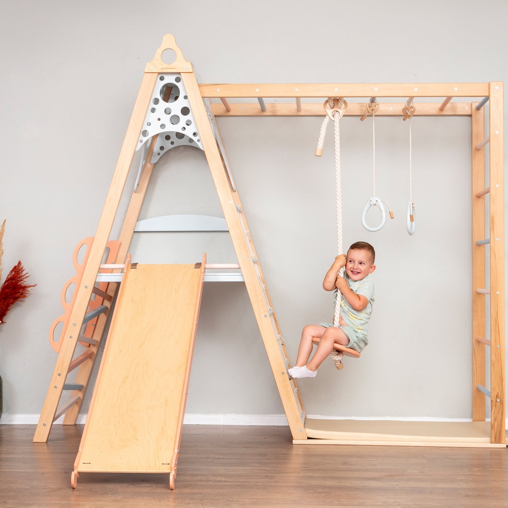 78x90" Montessori-inspired Wooden Teepee Indoor Playground for Kids, Toddler Tower with Slide, Rope Accessories & Play Mats, Kid's Home Gym