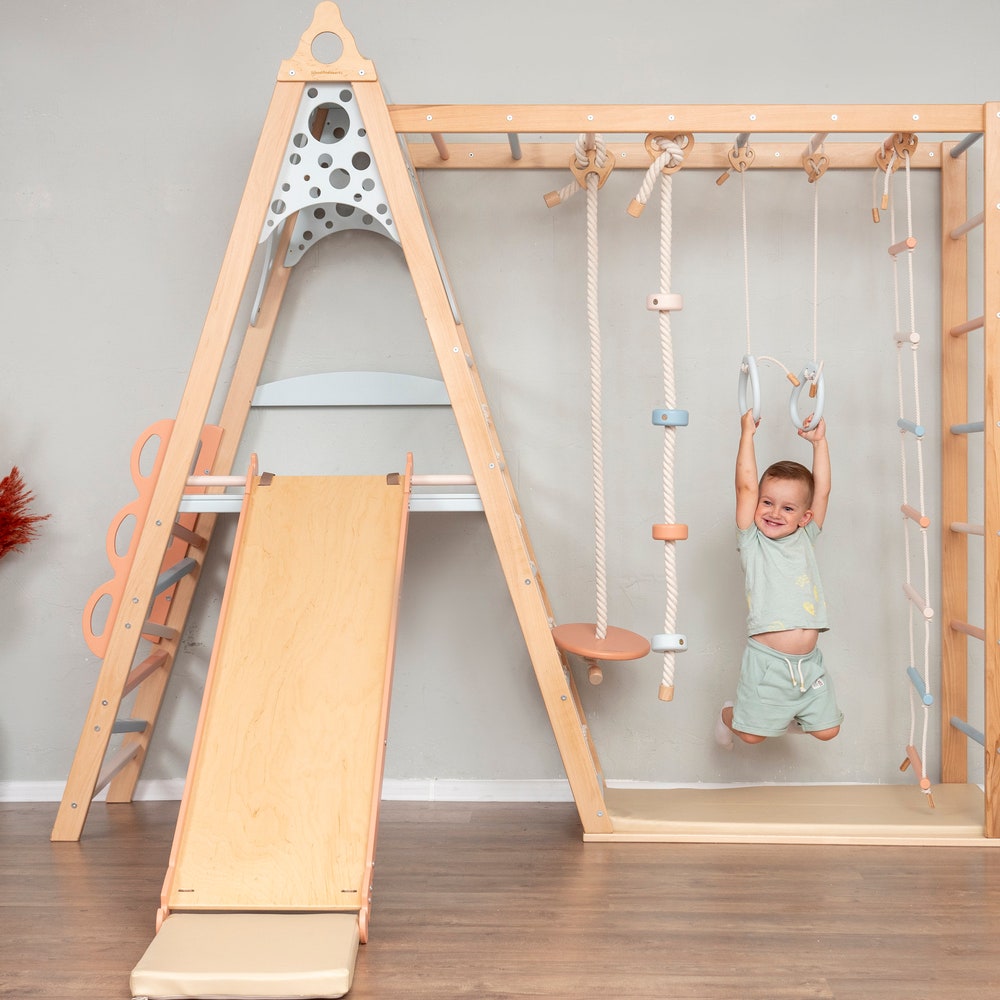 78x90" Montessori-inspired Wooden Teepee Indoor Playground for Kids, Toddler Tower with Slide, Rope Accessories & Play Mats, Kid's Home Gym