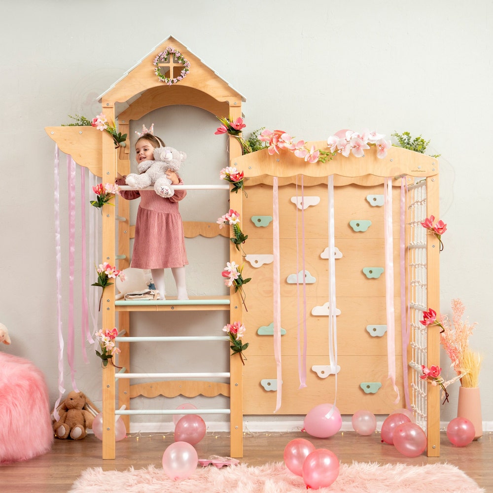 88x70" Wooden Indoor Playground for Girls, Montessori Play Gym with Slide & Play Mats, Kids Furniture Home Gym
