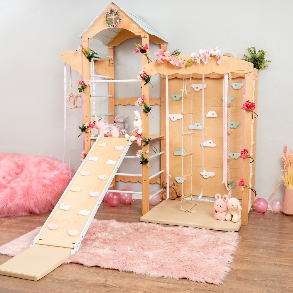 88x70" Wooden Indoor Playground for Girls, Montessori Play Gym with Slide & Play Mats, Kids Furniture Home Gym