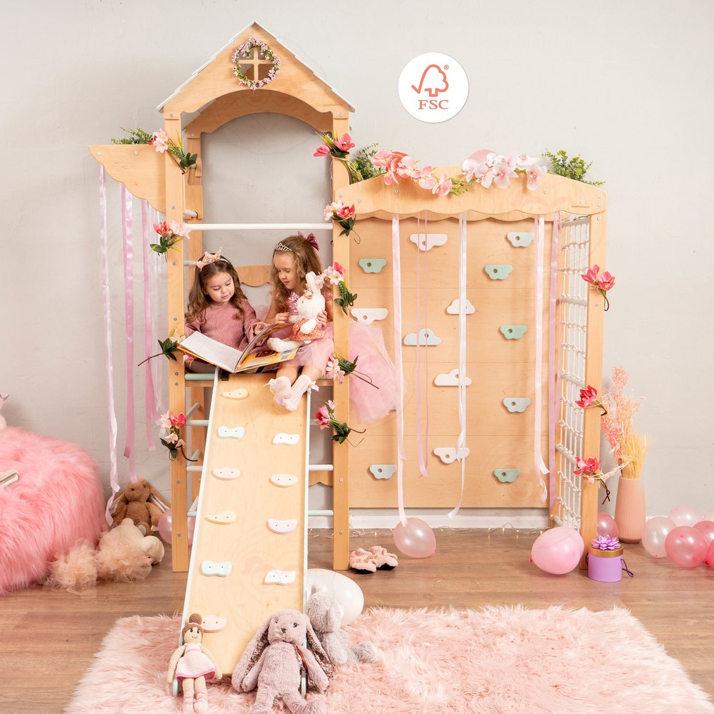 88x70" Wooden Indoor Playground for Girls, Montessori Play Gym with Slide & Play Mats, Kids Furniture Home Gym