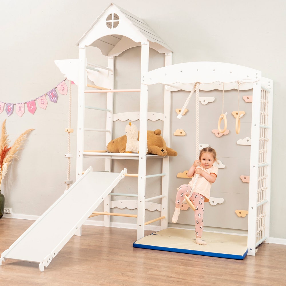 88x70" Wooden Indoor Playground for Girls, Montessori Play Gym with Slide & Play Mats, Kids Furniture Home Gym
