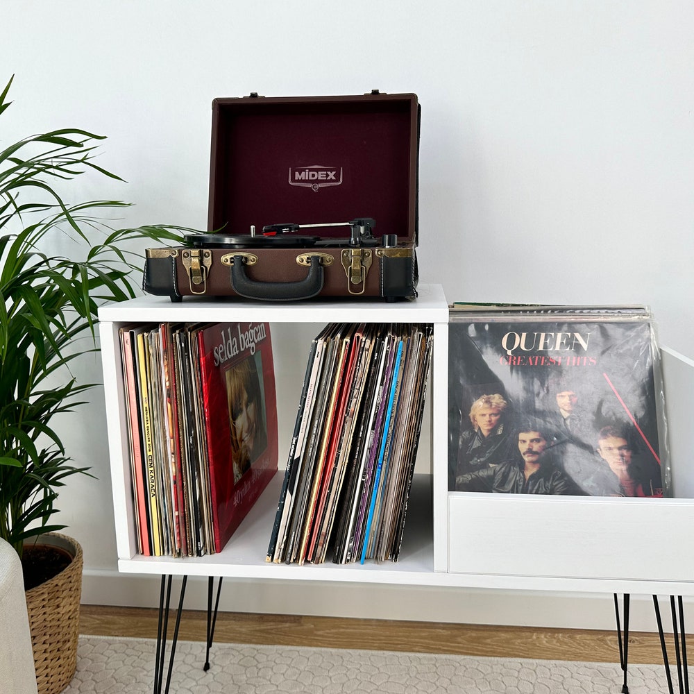 White Record Player Stand, Vinyl Console, Record Player Table, Record Cabinet, Vinyl record display