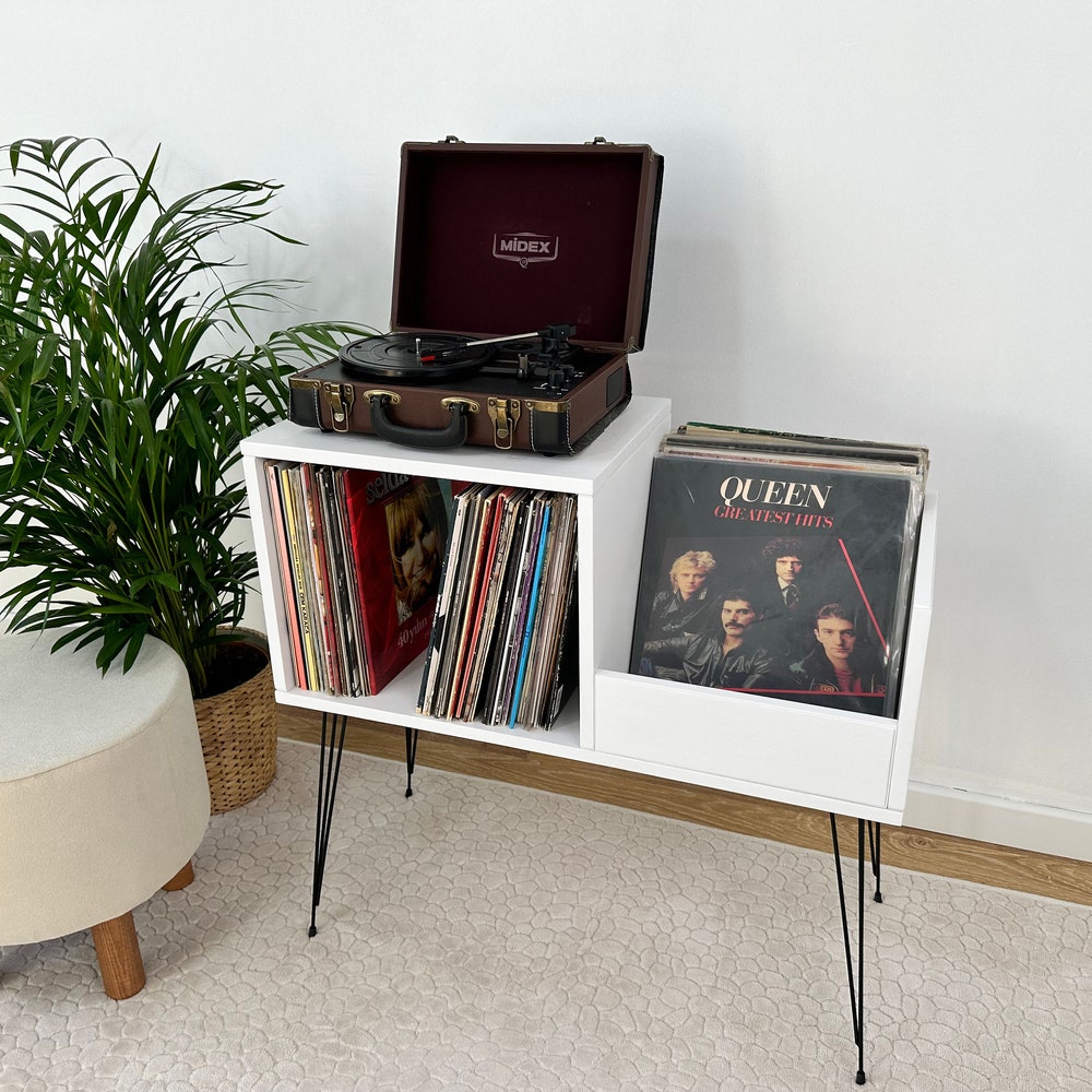 White Record Player Stand, Vinyl Console, Record Player Table, Record Cabinet, Vinyl record display