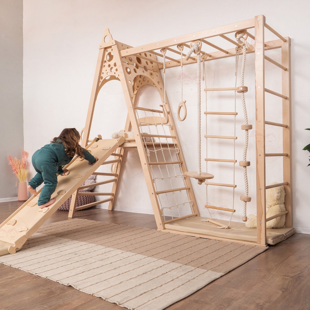 78x90" Montessori-inspired Wooden Teepee Indoor Playground for Kids, Toddler Tower with Slide, Rope Accessories & Play Mats, Kid's Home Gym