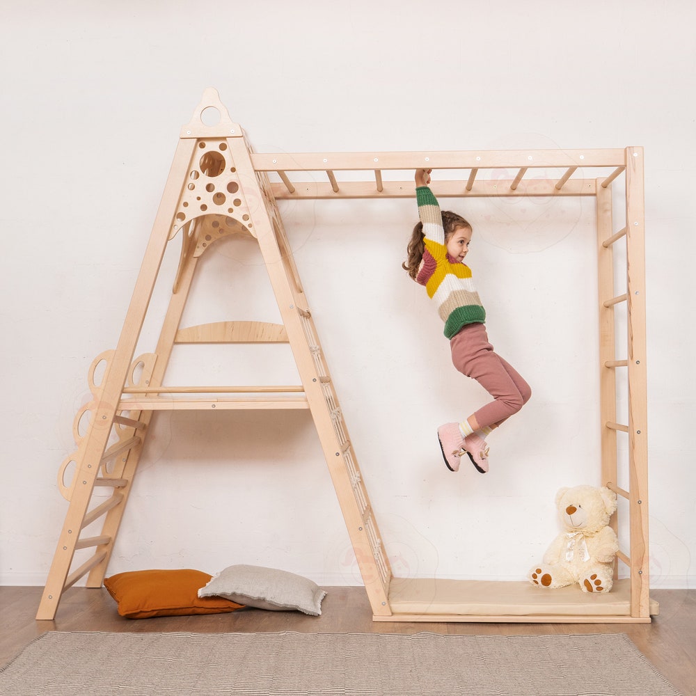78x90" Montessori-inspired Wooden Teepee Indoor Playground for Kids, Toddler Tower with Slide, Rope Accessories & Play Mats, Kid's Home Gym