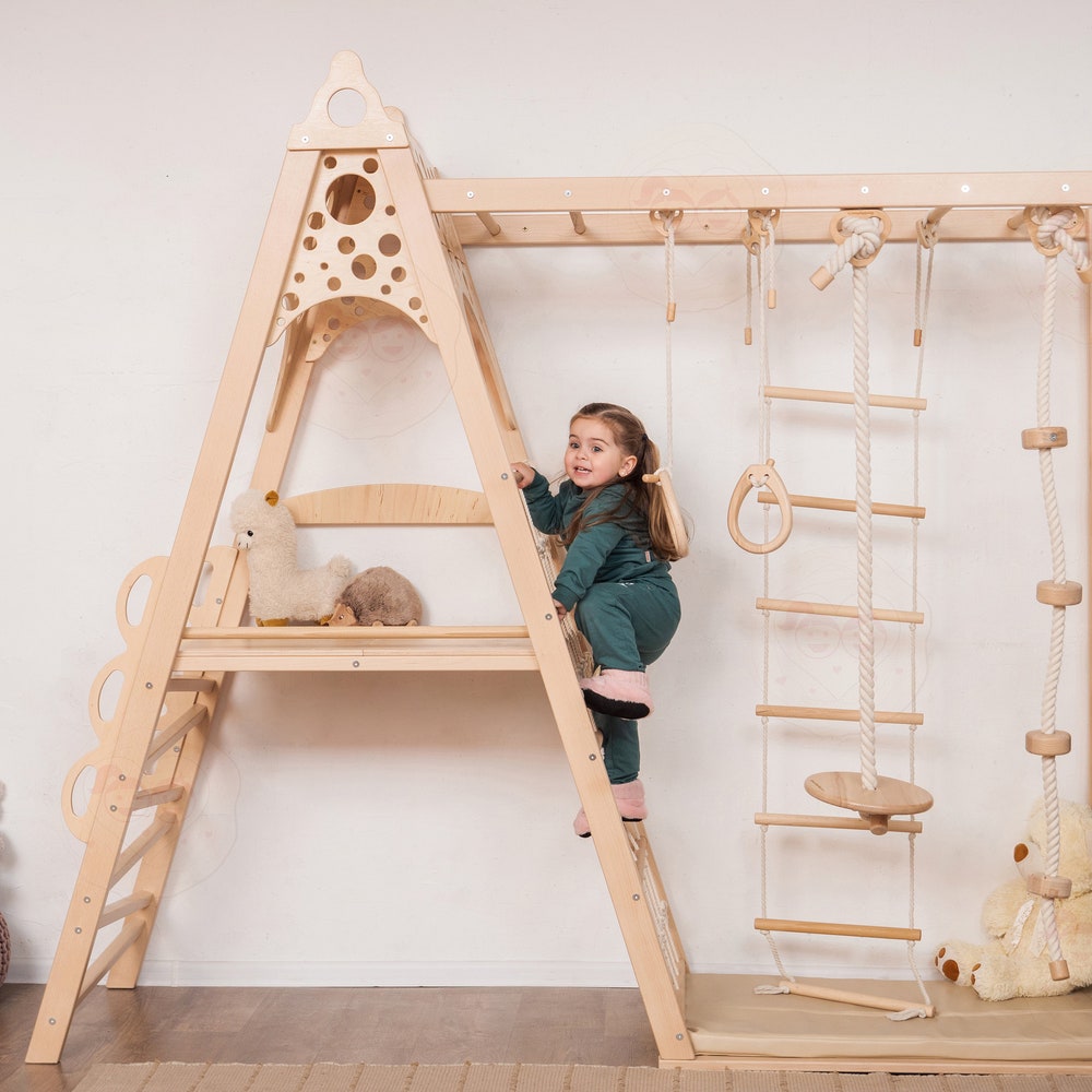 78x90" Montessori-inspired Wooden Teepee Indoor Playground for Kids, Toddler Tower with Slide, Rope Accessories & Play Mats, Kid's Home Gym
