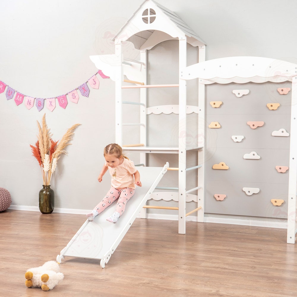 88x70" Huge Baby Play Gym Montessori Climber Tower with Rock Climbing Wall & Waldorf Wooden Slide Wobble Board, Lernturm Indoor Playground