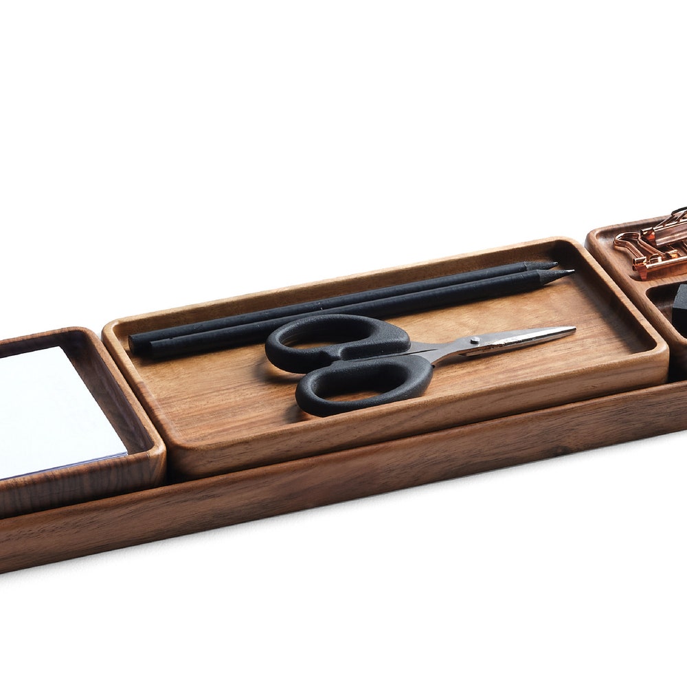Rustic Wooden Desk Organizer Set with Tray – Office Decor Gift for Men Women, Minimalist Home Office Accessories- Office Gift