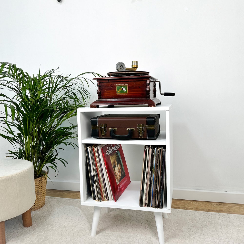White Record Player Stand, Vinyl End Table, Vinyl Console