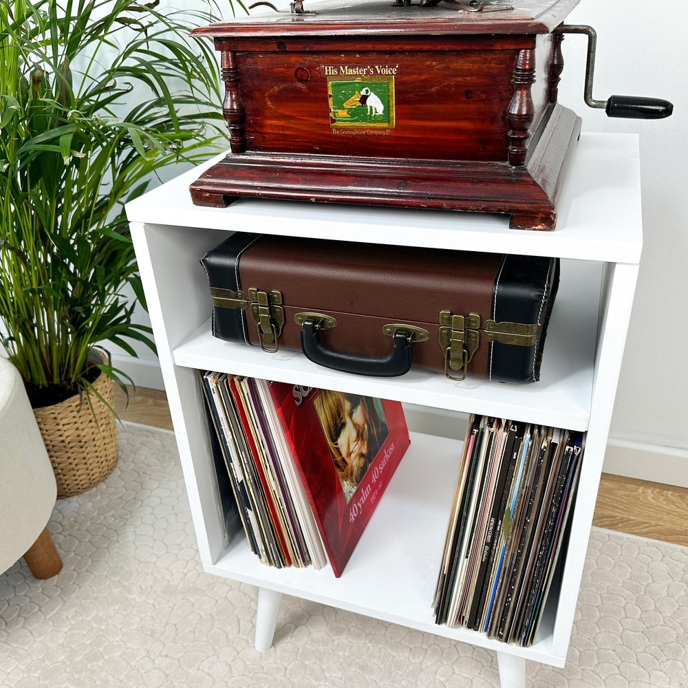 White Record Player Stand, Vinyl End Table, Vinyl Console