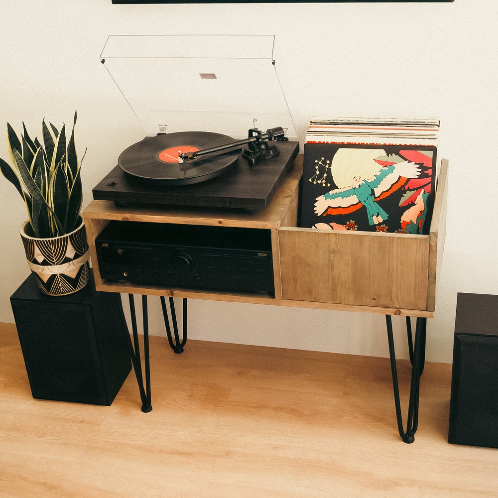 Turntable Stand and Vinyl LP Record Storage " Hilly Small". Store up to 50+ Records and create your own Beautiful HiFi Setup