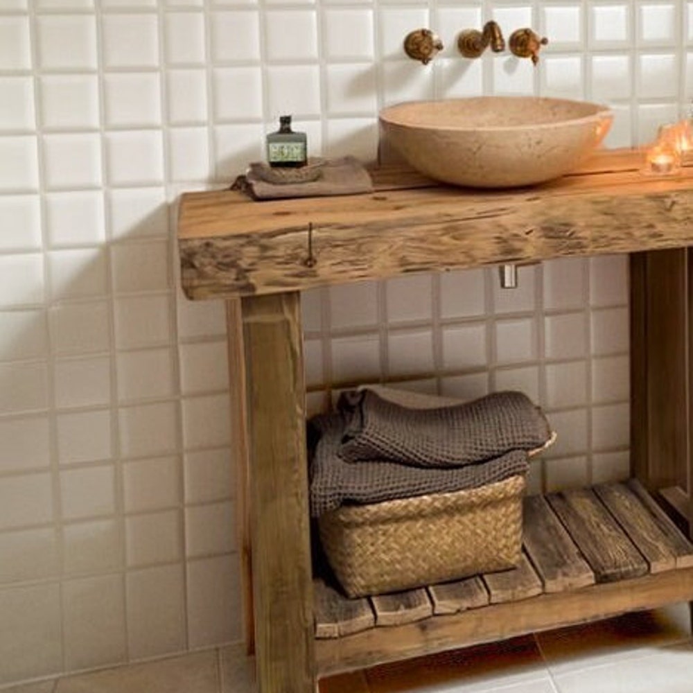Bathroom Rustic Vanity, Reclaimed Wood Solid Bathroom Vanity, Live Edge Farmhouse Rustic Wood Decor, Counter Top Wood Table