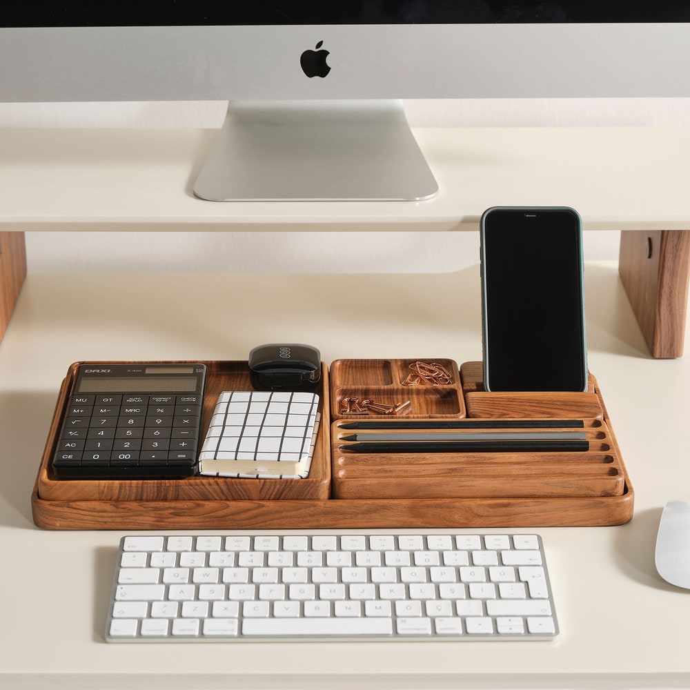 Custom Wood Desk Organizer Set – Personalized Office Tray with Phone Stand – Wooden Tray - Minimalist Gift for Him or Her