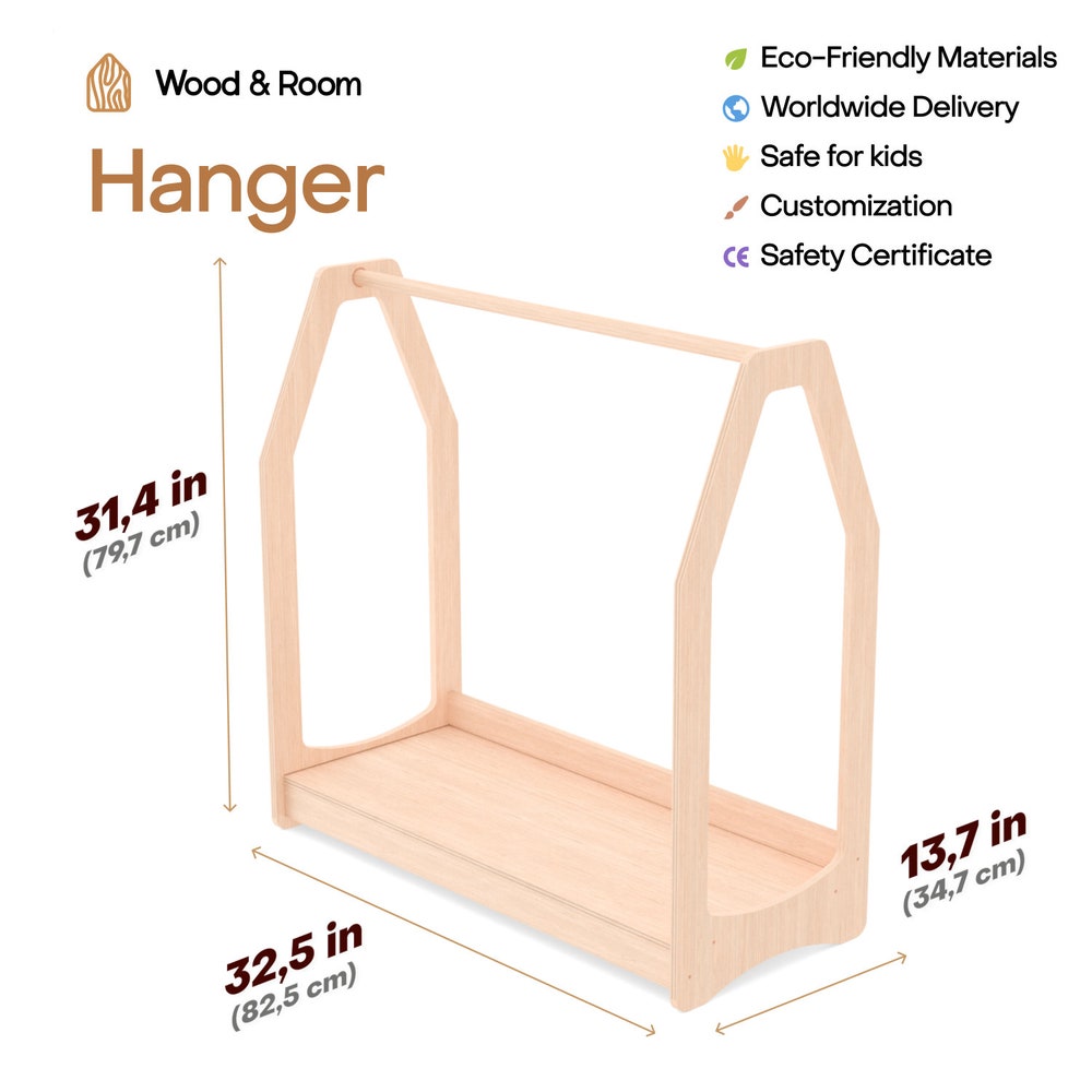 Wooden Clothing Rack with Shelves + 10 Hangers, Toddler Wardrobe, Kids and Baby clothing, Nursery Furniture, Baby shower, Montessori shelves