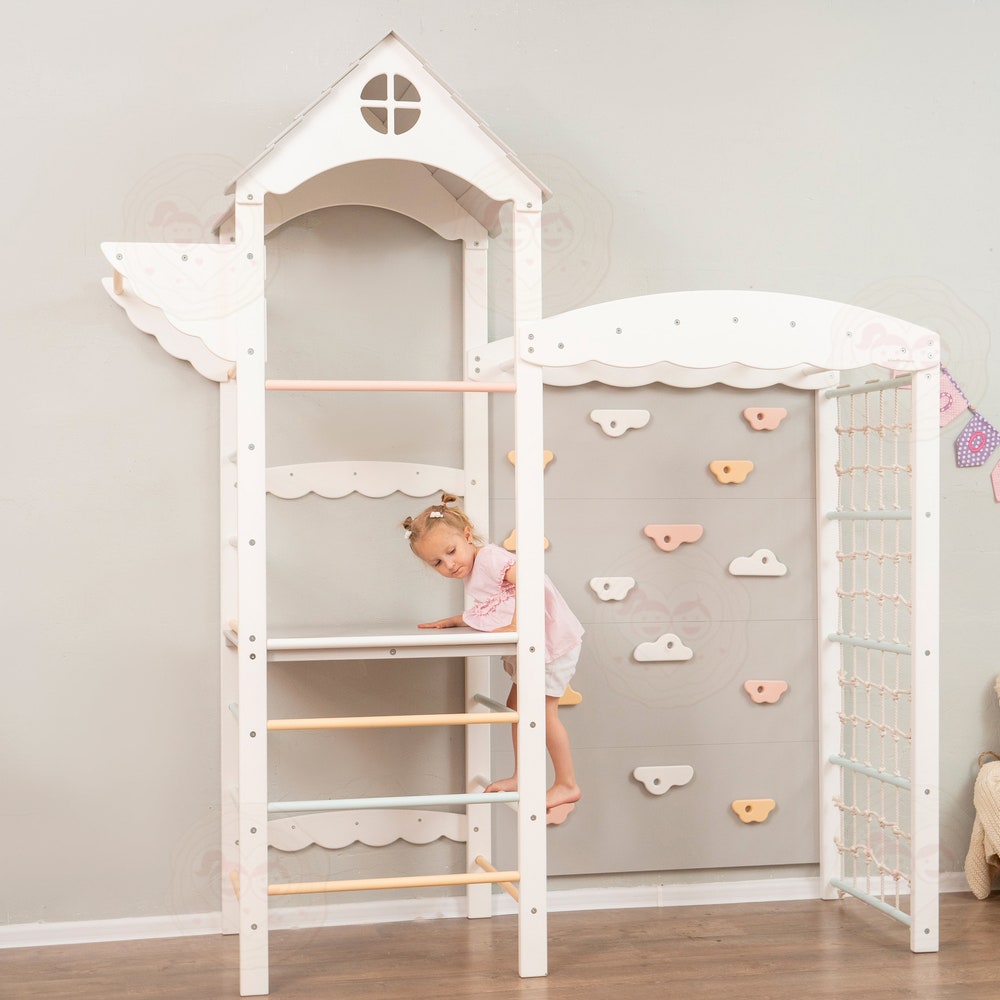 88x70" Huge Baby Play Gym Montessori Climber Tower with Rock Climbing Wall & Waldorf Wooden Slide Wobble Board, Lernturm Indoor Playground