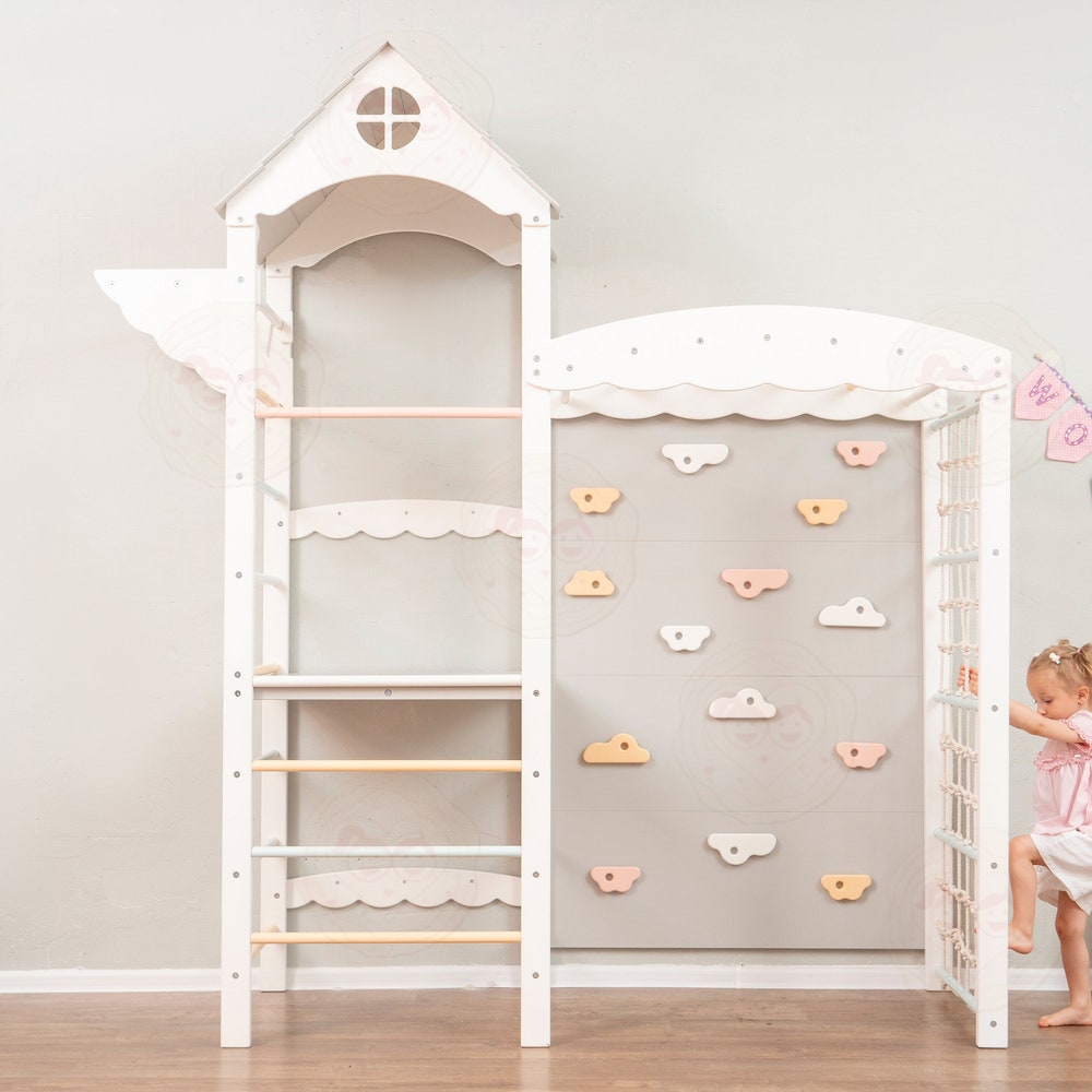 88x70" Huge Baby Play Gym Montessori Climber Tower with Rock Climbing Wall & Waldorf Wooden Slide Wobble Board, Lernturm Indoor Playground