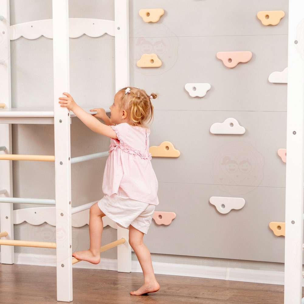 88x70" Huge Baby Play Gym Montessori Climber Tower with Rock Climbing Wall & Waldorf Wooden Slide Wobble Board, Lernturm Indoor Playground