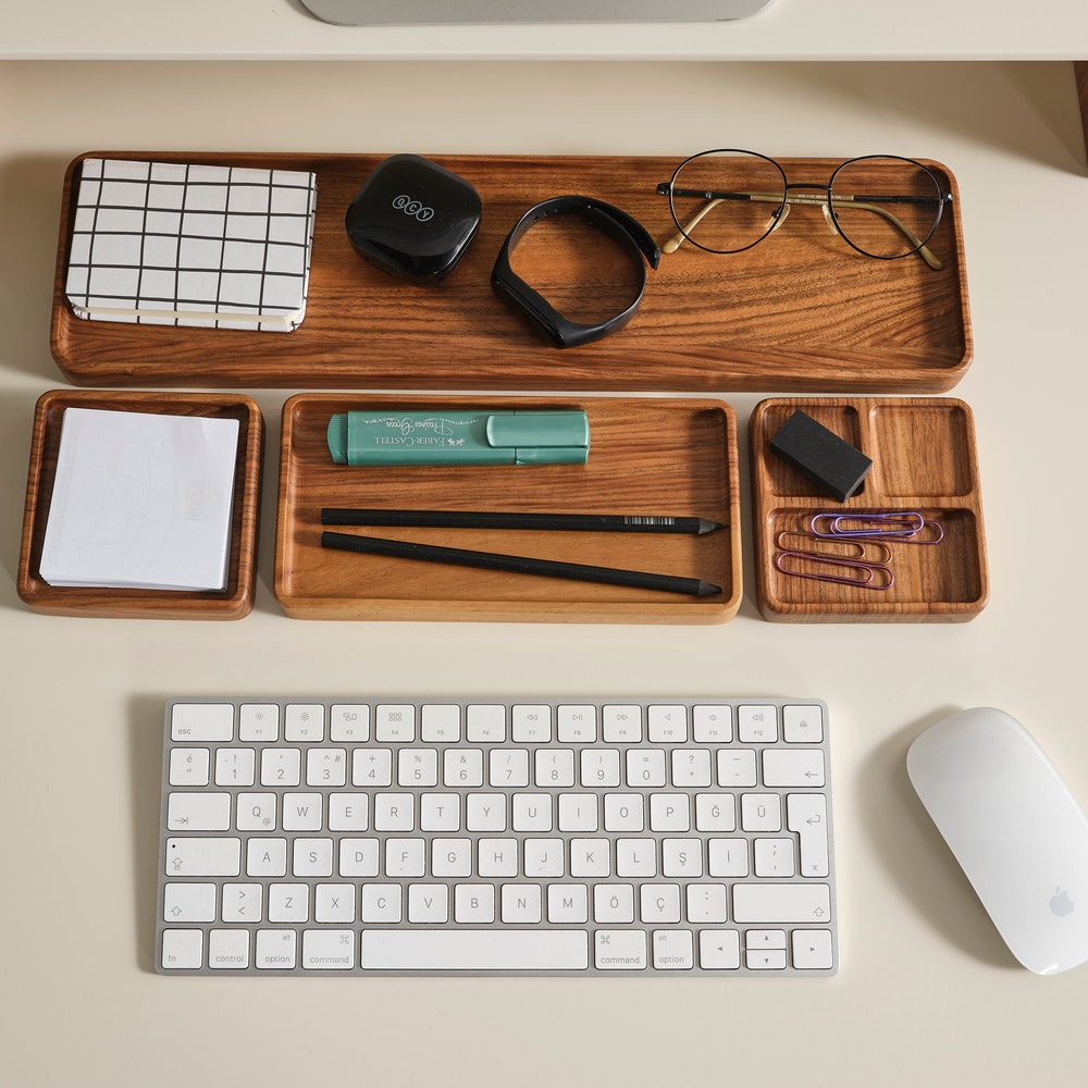 Rustic Wooden Desk Organizer Set with Tray – Office Decor Gift for Men Women, Minimalist Home Office Accessories- Office Gift