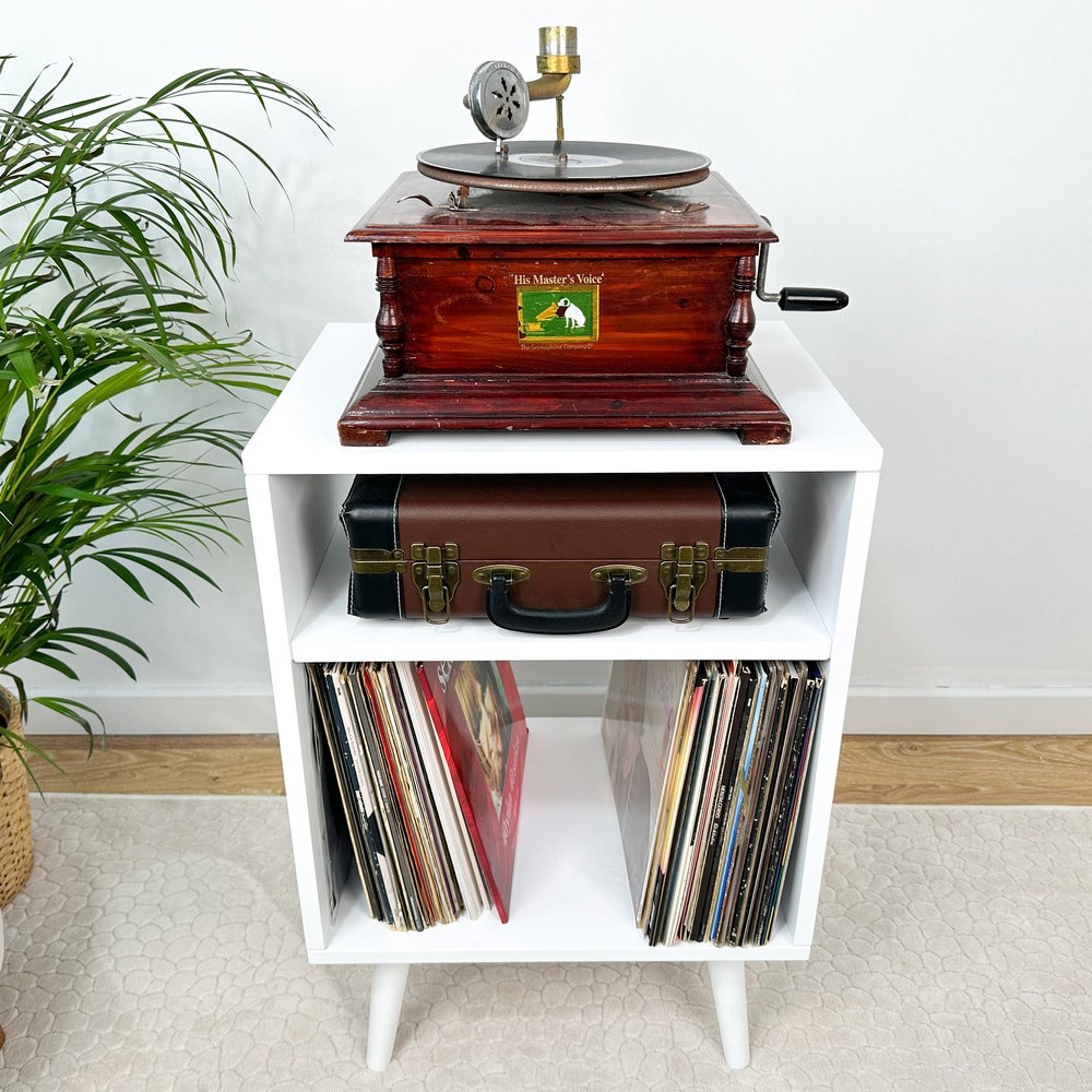 White Record Player Stand, Vinyl End Table, Vinyl Console