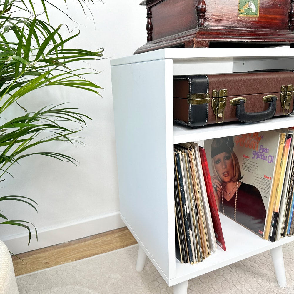 White Record Player Stand, Vinyl End Table, Vinyl Console