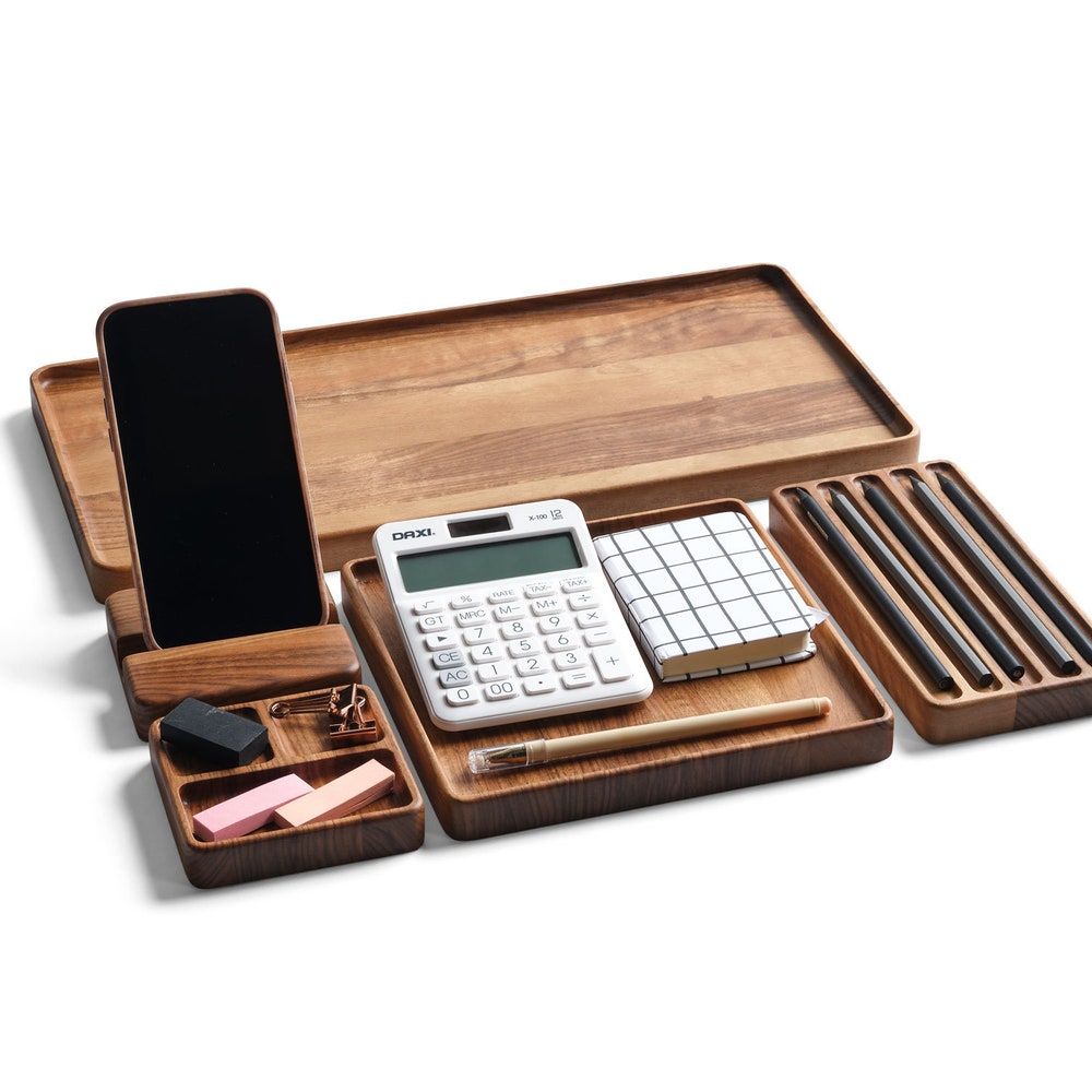 Custom Wood Desk Organizer Set – Personalized Office Tray with Phone Stand – Wooden Tray - Minimalist Gift for Him or Her