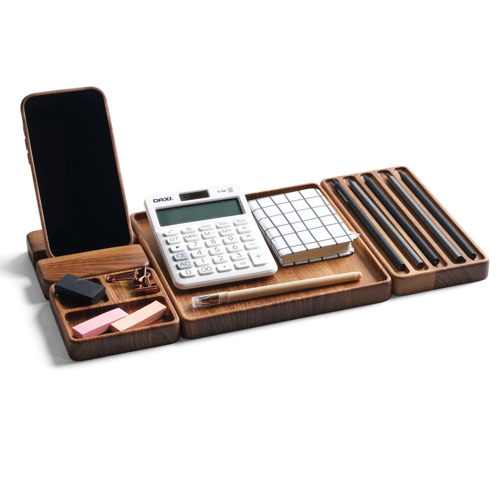 Custom Wood Desk Organizer Set – Personalized Office Tray with Phone Stand – Wooden Tray - Minimalist Gift for Him or Her
