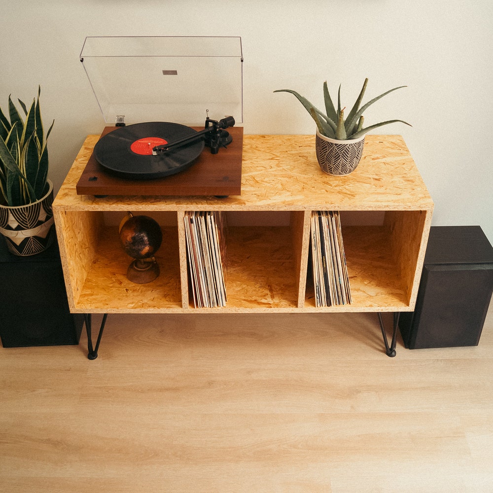 Turntable Stand & Vinyl LP Storage, From Made Durable and Recycled OSB Wood, Store up to 120+ LPs!