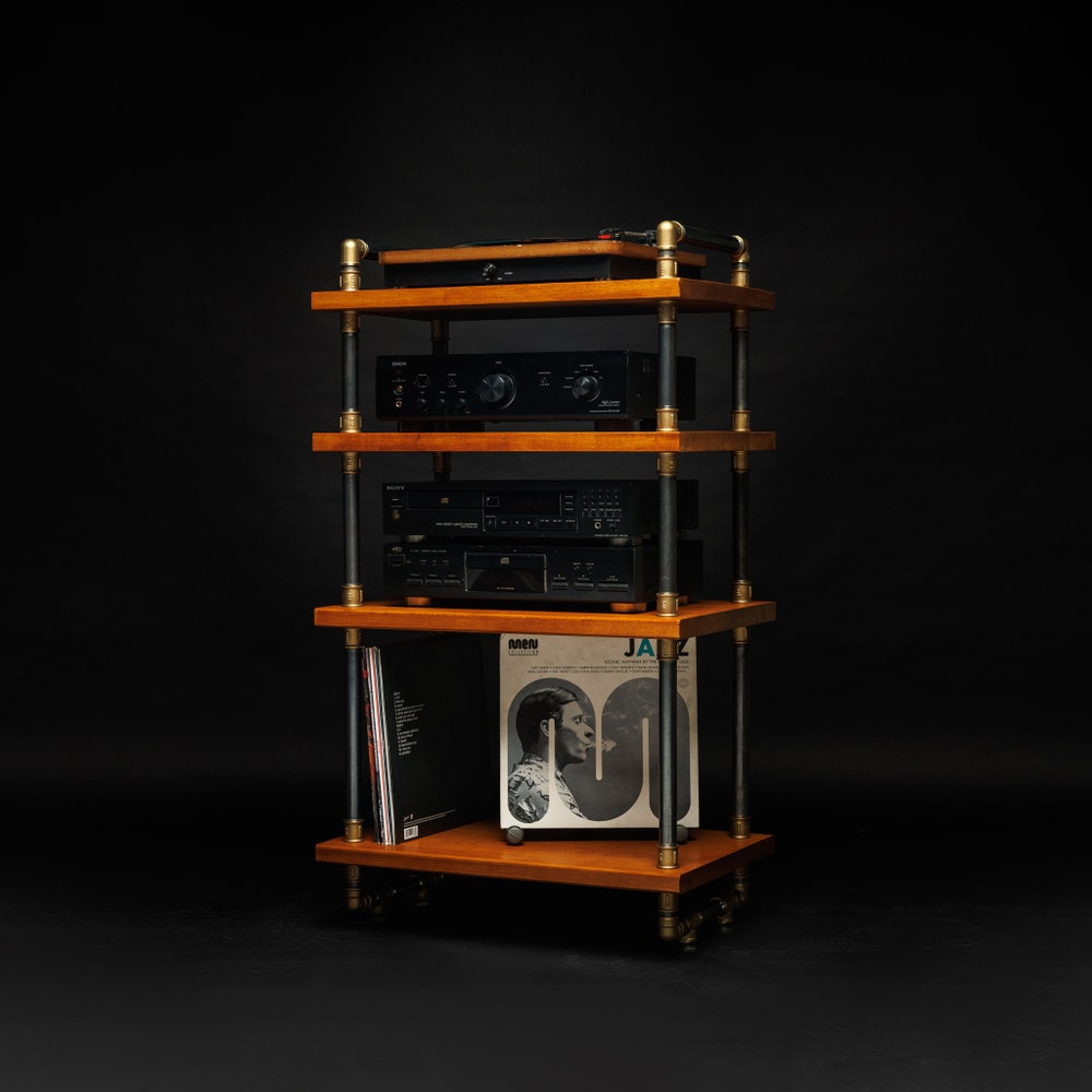 3 in 1 rack, Lp Turntable Storage, Handmade Record Player Stand, Industrial Vinyl Table, Media Hifi TV Unit