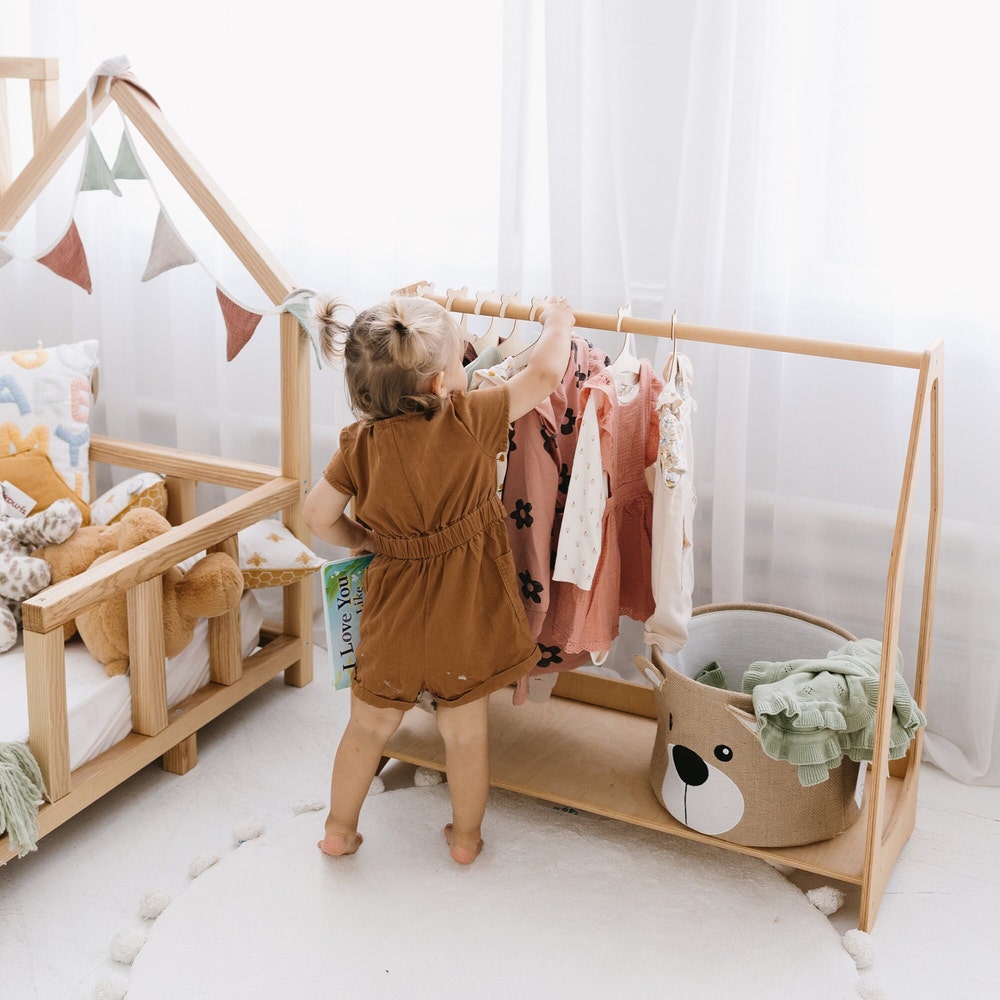 Wooden Clothing Rack with Shelves + 10 Hangers, Toddler Wardrobe, Kids and Baby clothing, Nursery Furniture, Baby shower, Montessori shelves