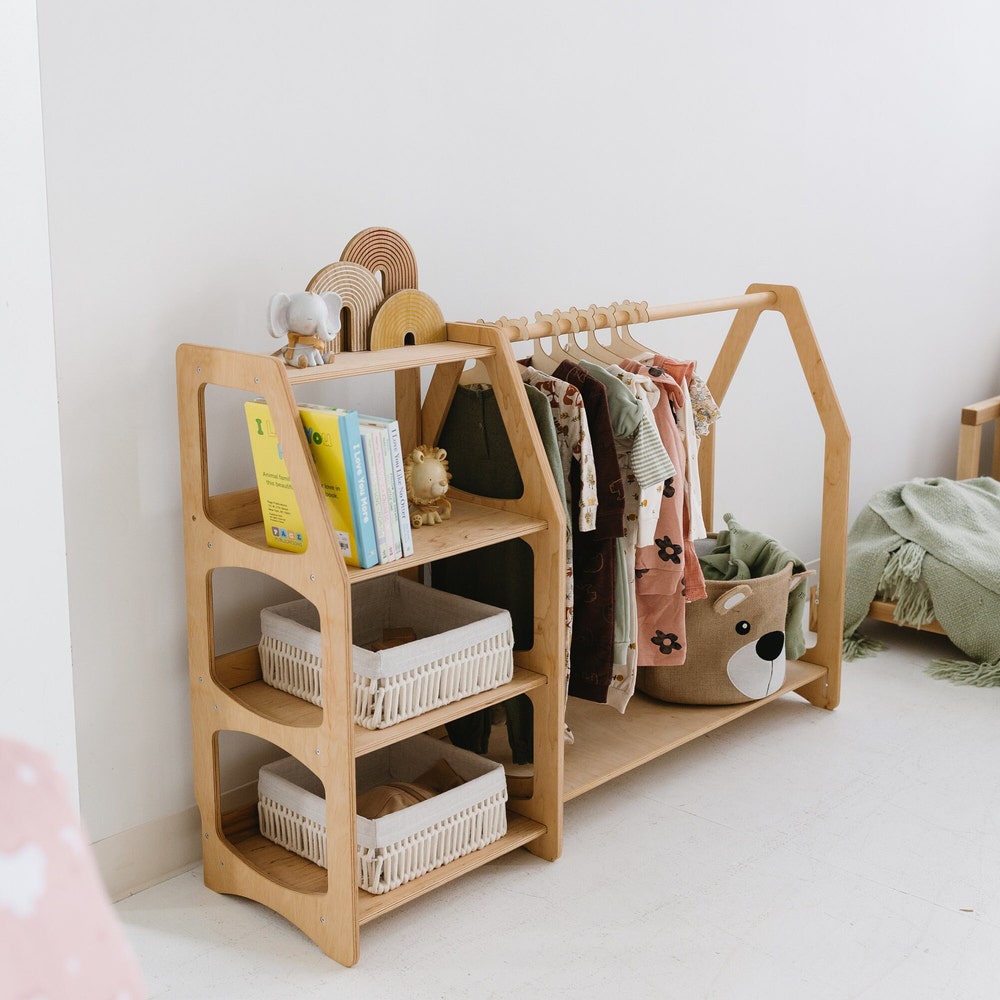 Wooden Clothing Rack with Shelves + 10 Hangers, Toddler Wardrobe, Kids and Baby clothing, Nursery Furniture, Baby shower, Montessori shelves