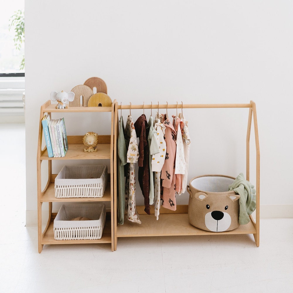 Wooden Clothing Rack with Shelves + 10 Hangers, Toddler Wardrobe, Kids and Baby clothing, Nursery Furniture, Baby shower, Montessori shelves