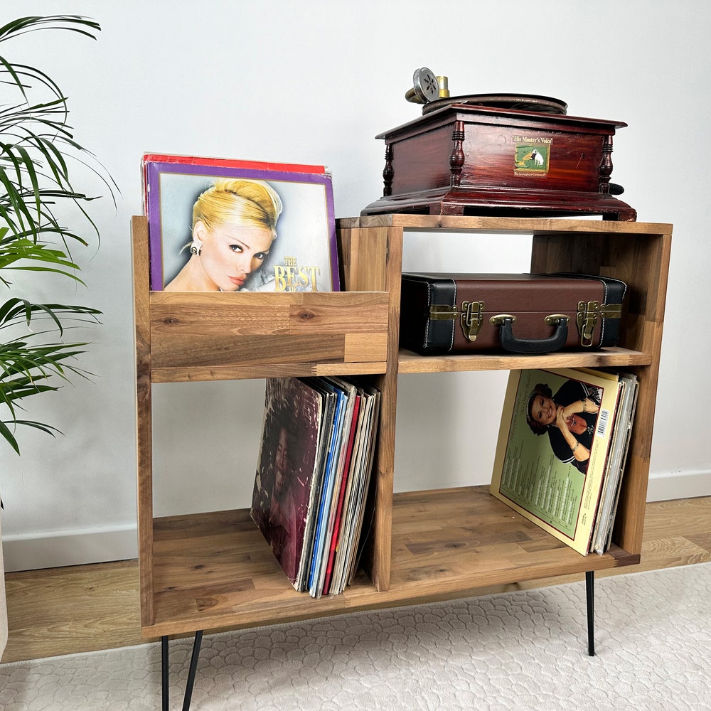 Walnut Vinyl Console, Vinyl end table, Vinyl Display, Media Console, Large Record Player Table, Console Table, Vinyl Stand, Record Console