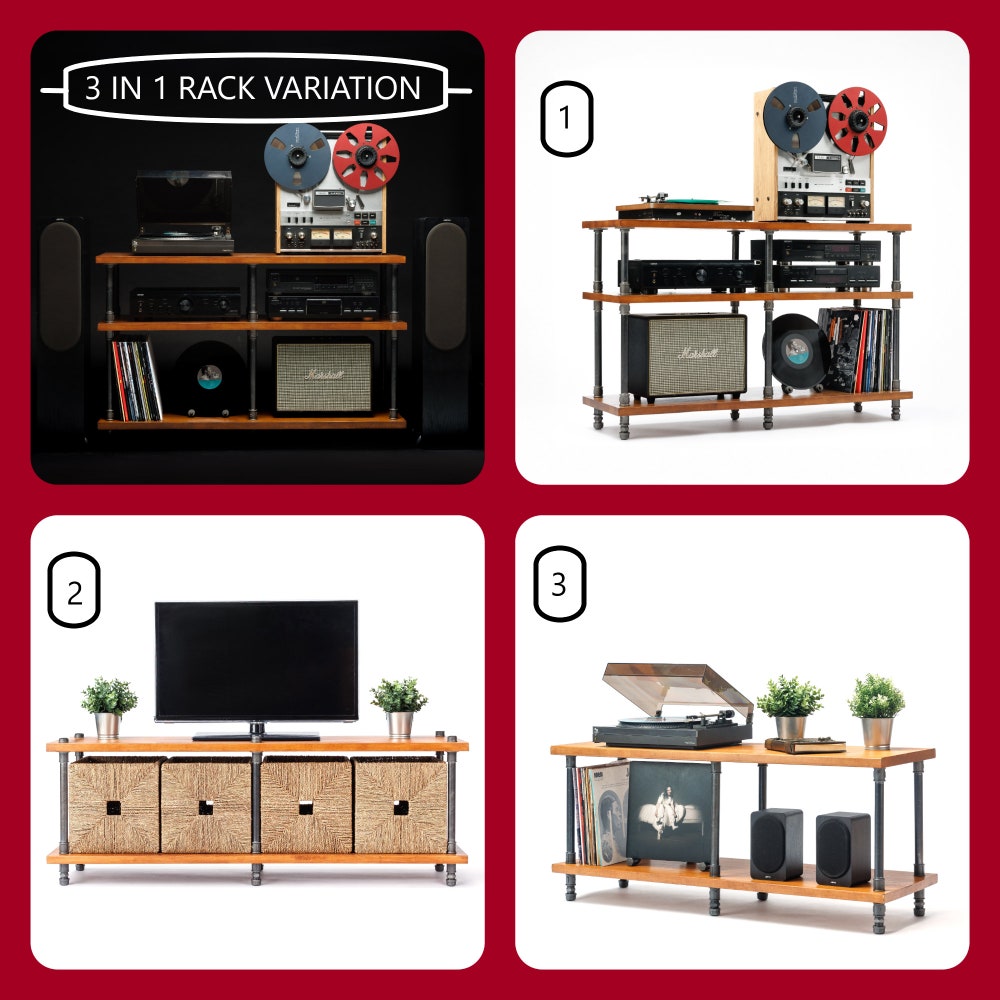 3 in 1 Registered design stand, 3 Tier Industrial Pipe Stand, Record player stand, Vinyl record storage, Audiophile rack, player console