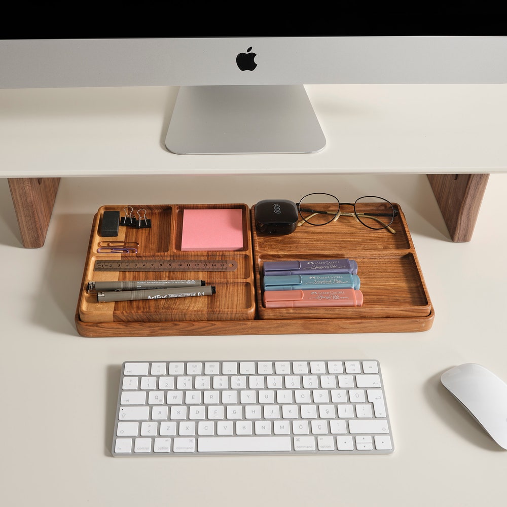 Custom 31 Inch Wooden Monitor Stand, Anthracite or Cream Computer Riser, Personalized Wood Desk Shelf, Minimal Ergonomic Screen Stand