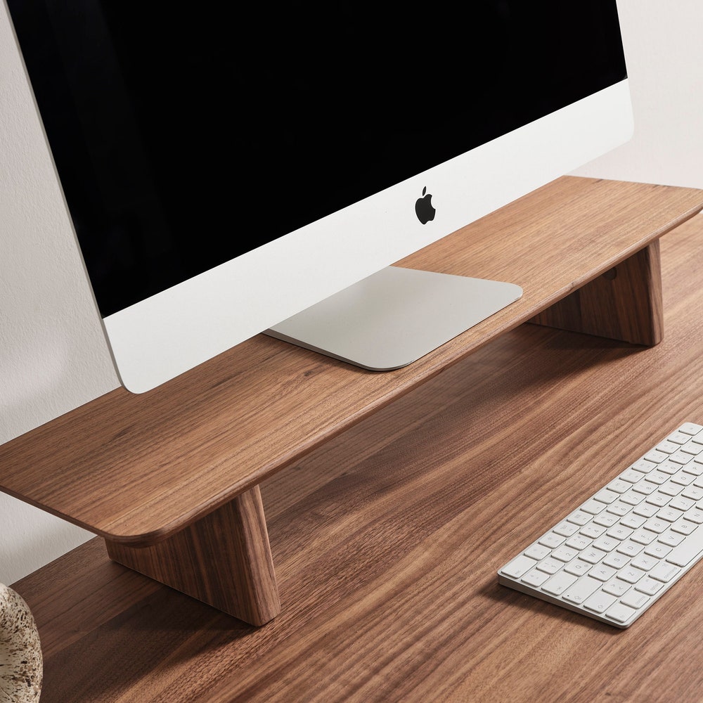American Walnut Monitor Stand – Personalized Wooden Computer Riser for Desk Setup, Ergonomic Gift for Gamers, Men, or Home Office Use
